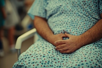 Close-up of an overweight patient in a hospital gown waiting for a medical examination, feeling anxious about test results. The scene portrays the emotional aspects of medical visits, Generative AI