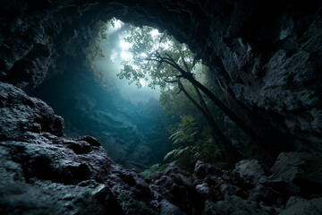 Sunlight streams through a cave opening onto rocky walls and tropical ferns, revealing verdant trees at the forested entrance.