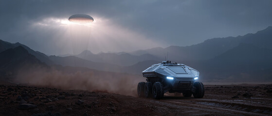 A six-wheeled rover kicks up dust as it speeds across a barren, rocky plain beneath a glowing parachute descending through clouded sunlight.