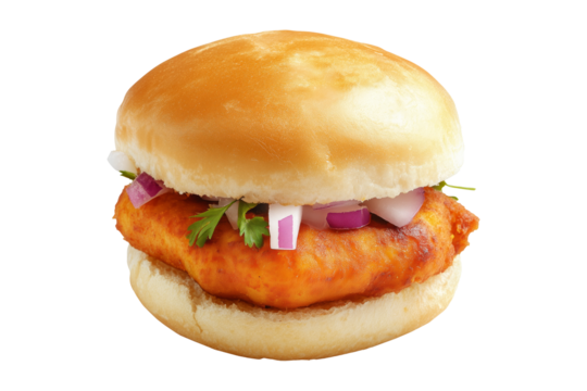 Crispy chicken sandwich Vada pav with red onions, herbs, and soft bun isolated on a white transparent background, concept of fast food meal