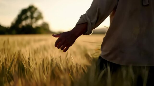 Gentle Hand Touching Wheat Sunset Serenity