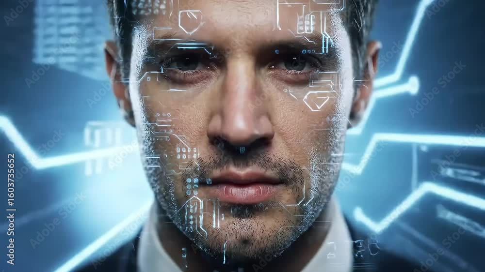 Poster man with cybernetic interface - future of technology?