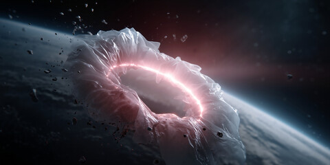 A translucent plastic ring drifts in orbit around Earth, surrounded by floating debris and illuminated by a glowing pink energy band.