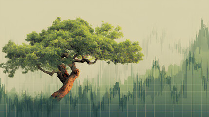 Tree on financial graph symbolizes green bonds and sustainable impact investing. Stock Illustration