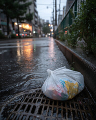 A tied plastic bag filled with trash rests on a soggy storm drain grate as rain falls on a wet urban sidewalk beside blurred city lights.