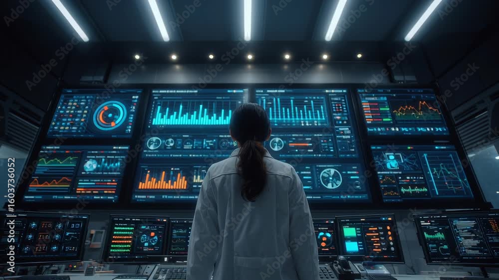Aufkleber futuristic control room professional lab coat analyzes digital screens with data analytics and marke