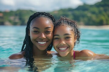 Fototapeta premium Happy candid Black African American mother and daughter swimming on a summer vacation holiday, Generative AI
