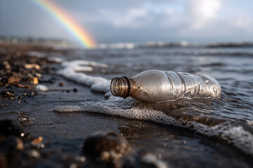 Dirty plastic bottle lies on wet sandy shore as foamy waves wash over it beneath a vibrant rainbow arching across a cloudy sky.