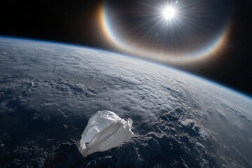 A lone plastic bag floats above Earth’s cloud-covered horizon, backlit by a glowing solar halo against the vast darkness of space.