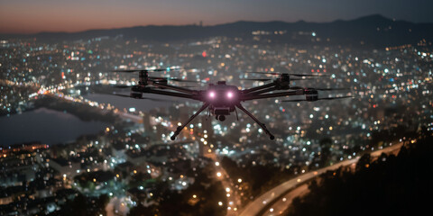 A multi-rotor drone hovers above a bokeh-lit cityscape at dusk, its central lights glowing as it surveys the urban skyline.