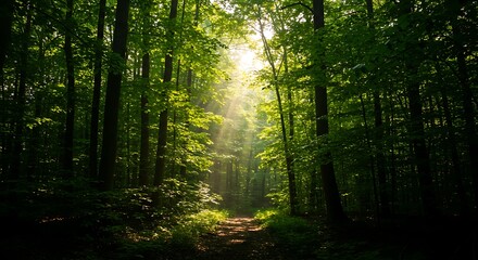 Obraz premium sun rays in the forest. sun rays through the forest and big trees with lush green foliage and undergrowth. 