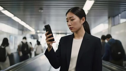 Businesswoman Checking Phone on Escalator - Powered by Adobe