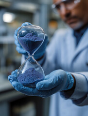 A scientist in lab gloves holds a clear hourglass filled with blue powder, symbolizing precise timing in a controlled laboratory setting.