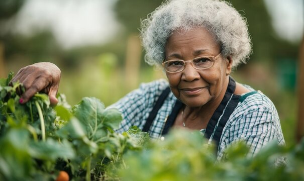 Elderly African American grandmother gardening and living sustainably, Generative AI