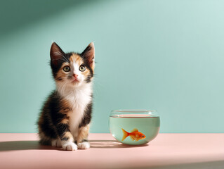 A calico kitten sits beside a glass bowl with an orange goldfish inside, set against a soft mint and coral pastel background.