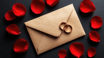 A kraft envelope with wedding rings and rose petals.