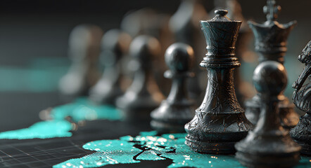 Black chess pieces on a glowing digital world map symbolizing global strategy and business.