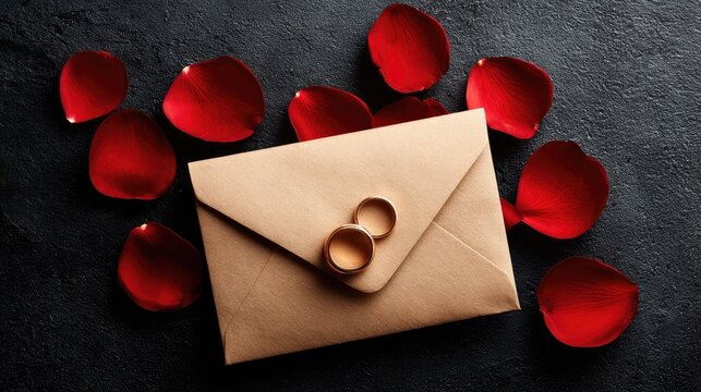 Kraft envelope with wedding rings and rose petals. - Powered by Adobe