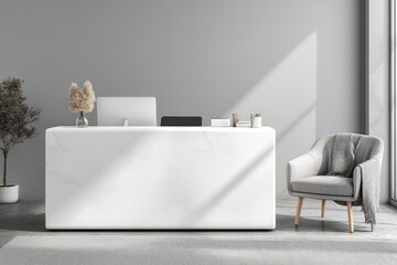 Modern, minimalist reception desk in a light gray office