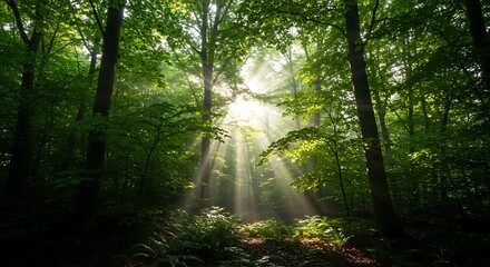 Fototapeta premium sunlight in the forest. sun rays through the forest and big trees with lush green foliage and undergrowth. 