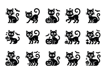 Black Cats and Bats Halloween Icon Set Cute Vector Graphic Illustration Perfect for Seasonal Designs and Spooky Celebrations Featuring Cartoon Cats and Pumpkins