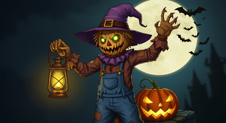Spooky Cartoon Scarecrow with Lantern and Pumpkin
