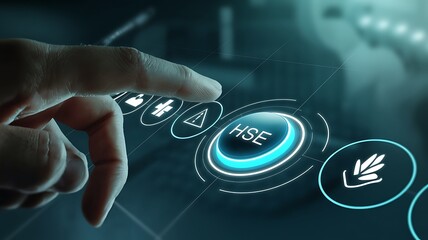 Finger presses H S E button on futuristic interface