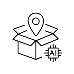 A vector icon of an open box with a location pin and AI chip, representing destination-based packaging using artificial intelligence, created in line style with editable stroke