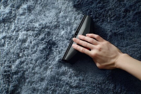 Hand holding a grey carpet cleaner tool over a plush blue carpet