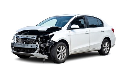 Damaged white car isolated