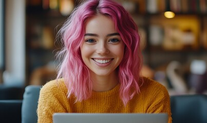 Happy young female student studying on a laptop. Smiling gay lesbian with pink hair on a virtual video call team meeting with colleagues. Inclusive and diverse remote workplace, Generative AI