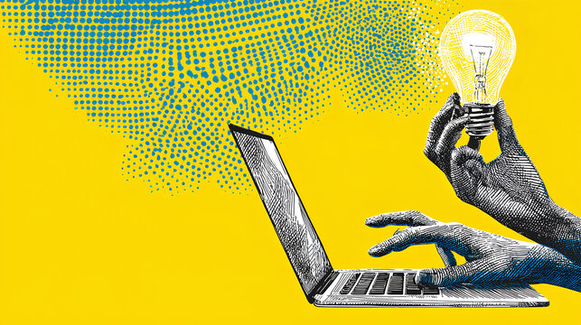 Trendy Halftone Collage Laptop and Hand holds lightbulb. Creative mind or brainstorm. Online education and study. Business solutions. Think outside the box. Marketing time. Contemporary vector art Sto - Powered by Adobe