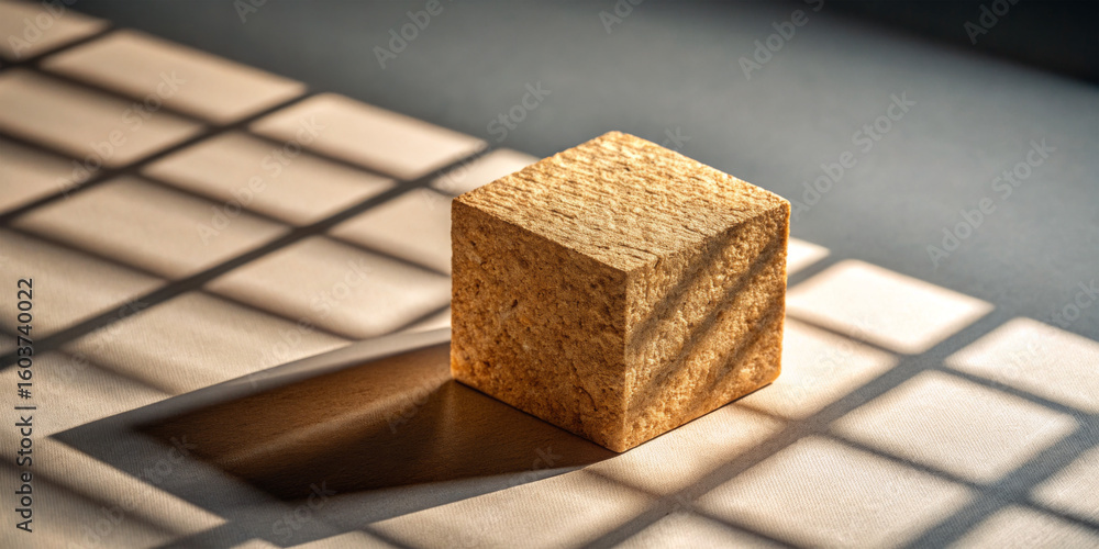 Poster light and shadow create a captivating effect on a wooden cube placed on a textured surface indoors