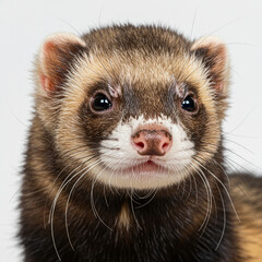 Detailed Ferret Portrait: Close-up of Adorable Face and Whiskers on White.