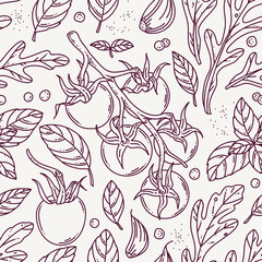 Seamless vintage line pattern with cherry tomatoes, basil, arugula, garlic and black pepper