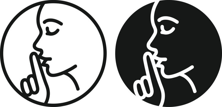 Two circular icons showing a woman s profile with a finger to her lips indicating silence