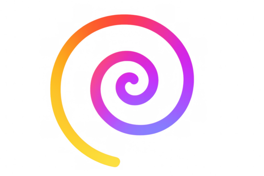 Vibrant spiral swirling yellow, orange, pink, purple hues merging into dynamic vortex pattern against transparent background