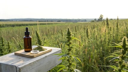 Hemp oil bottle and products in a vast hemp field