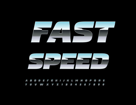 Vector Silver logo Fast Speed. Dynamic Metallic Font. Reflective Steel Alphabet Letters and Numbers set.