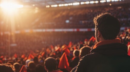 Football Fans Waving Scarves,  Focused football fan watching a match and waving a scarf in a bustling stadium during sunset