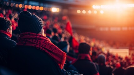 Football Fans Waving Scarves, Football fans watching a match and waving red scarves in a vibrant stadium atmosphere 