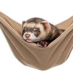 Adorable ferret napping soundly in tiny hammock against a seamless white backdrop.