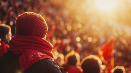 Football Fans Waving Scarves, Football fans enjoying sunset while waving scarves in a cheering crowd 