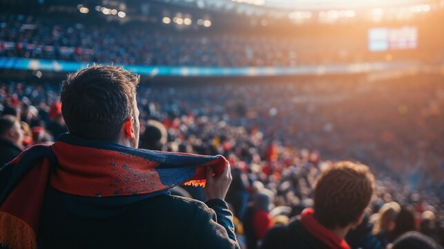 Football Fans Waving Scarves, Passionate football fans waving scarves while watching a match in a lively stadium 