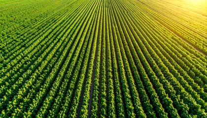 Aerial view of a cultivated field.  Rows of plants