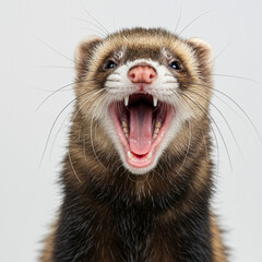 Adorable ferret yawning wide, displaying its teeth and tongue on white.