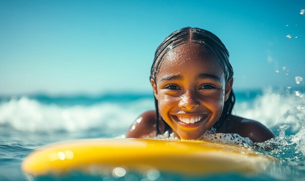Happy African American girl surfing in the ocean. Smiling Black female surfer on a yellow surfboard in the sea. Candid female swimming on vacation. Blue sky, water, summer holiday, Generative AI
