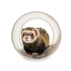 Curious Ferret Peering Through Clear Tube on White Backdrop in High Detail, 8k.