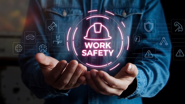 Person holding digital interface with work safety icons 1