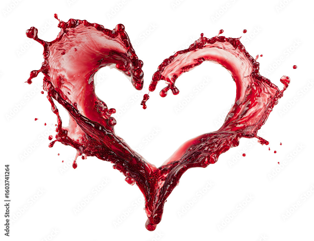 Poster red liquid splash in heart shape on transparent background